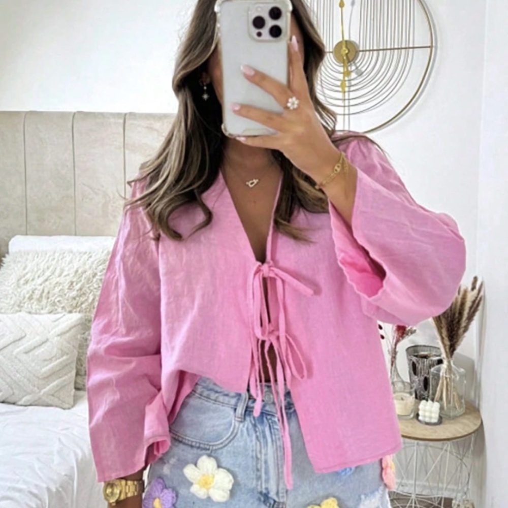 Pink Loose Fitting Open Shirt Tie Front V-Neck